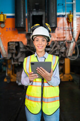 Female Industrial Engineer with Tablet in Train Yard