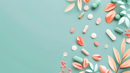 Obraz premium Flat Lay Composition with Herbal Supplements and Botanical Leaves on Mint Background