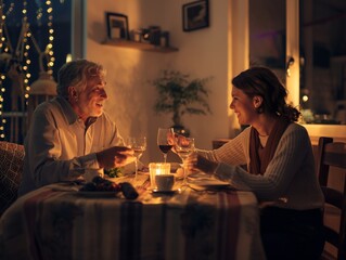 Happy 40s beautiful couple eating dinner together at home, couple in love toasting while sitting close to each other