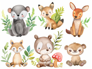 Forest cartoon animals, , , leaves, stump, spruce, plants for cute baby cards and baby showers. Watercolor set