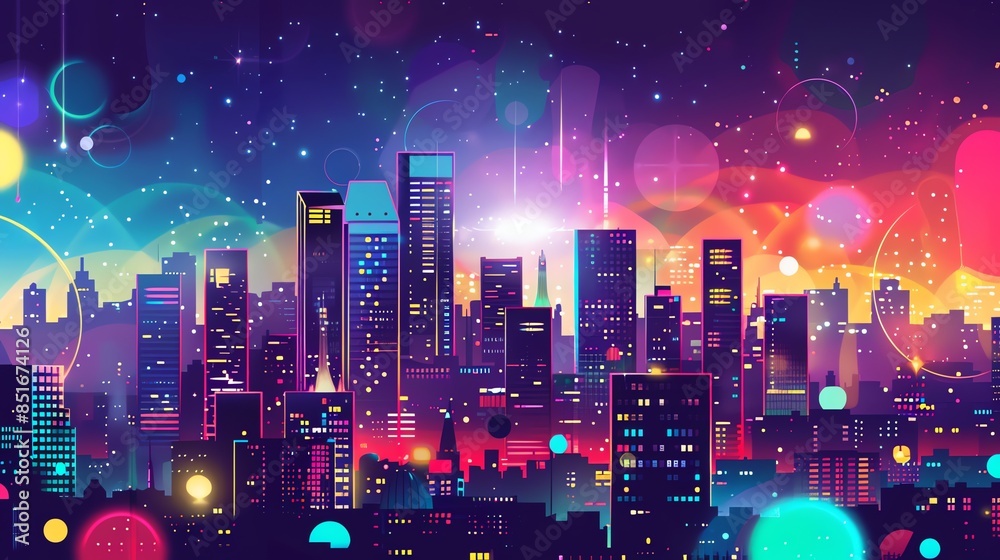 Canvas Prints A vibrant cityscape with a glowing sky and colorful orbs.