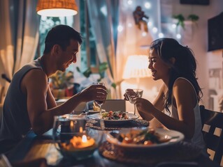 Happy 40s beautiful couple eating dinner together at home, couple in love toasting while sitting close to each other