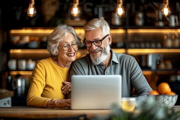 A senior couple working together on a laptop in a cozy, modern café.