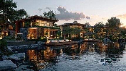 Obraz premium rchitectural plans for a contemporary riverside resort with luxury villas and recreational amenities