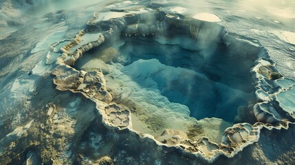 Extraordinary view of the geothermal springs in Pamukkale, Türkiye. A dreamy shot in the style of a travel concept realistic, advertising photo.