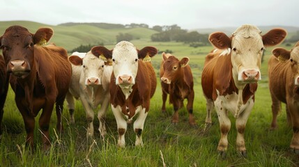 Cows herd on a grass field during the summer at sunset. A cow is looking at the camera sun rays are piercing behind her horns.