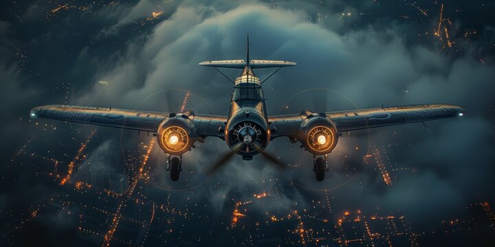 A vintage twin-engine aircraft soaring above a cityscape illuminated by lights at night, cutting through clouds and creating a dramatic scene
