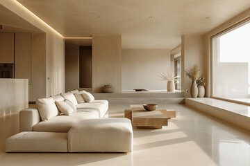 Spacious living room with minimalist design, featuring functional furniture and warm neutrals. Abundant natural light enhances the space, complemented by polished concrete textures for a serene and cl
