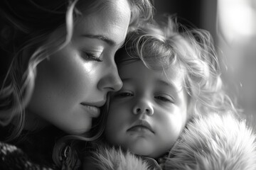 A deeply touching black and white photograph showcasing an intimate moment of closeness and warmth between a loving mother and her young child
