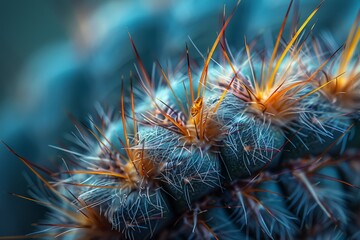 A close-up shot of a cactus plant's spines in sharp focus with a soft, blue-toned background that highlights the intricate details and vibrant colors