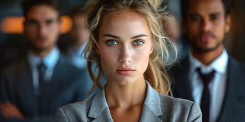 Obraz premium A young professional woman with striking blue eyes stands confidently in focus, surrounded by blurred colleagues in suits, epitomizing leadership and determination in a corporate environment