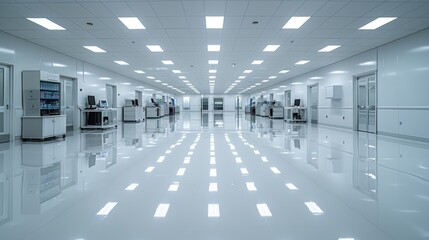 A highly pristine and sterile cleanroom facility features rows of workstations with advanced technological equipment under bright overhead lights