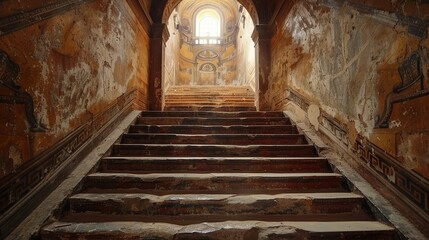 A grand staircase in a historic, aged building showcasing intricate architectural details and weathered surfaces illuminated by sunlight from an arched window