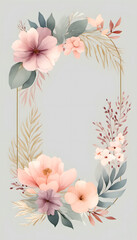 Obraz premium A watercolor floral frame with leaves and flowers surrounding a blank white center. The design is delicate and elegant, suitable for invitations, wedding or greeting cards.
