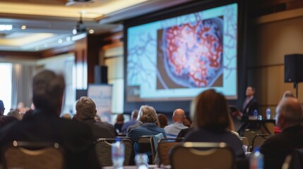 Audience attentively watches a scientific presentation at a conference, featuring a detailed image on a large screen in a modern venue.