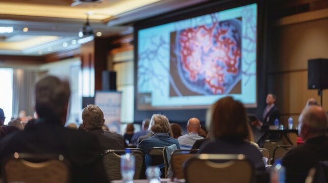 Audience attentively watches a scientific presentation at a conference, featuring a detailed image on a large screen in a modern venue.