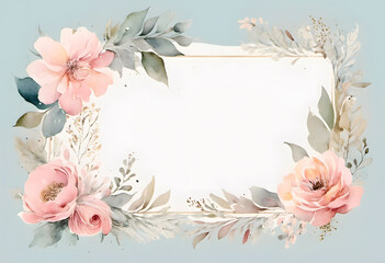 A watercolor floral frame with leaves and flowers surrounding a blank white center. The design is delicate and elegant, suitable for invitations, wedding or greeting cards.