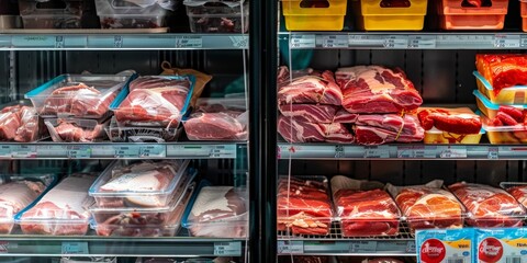 Open Refrigerator Shelves Displaying Various Types of Frozen Meats, Highlighting Carnivorous Diet, Protein-Rich Foods, Organic Delicacies, and Seasonal Ingredients in High-Resolution AI-Generated Wall