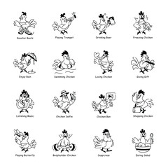 Modern Doodle Icons of Cute Cockerels 

