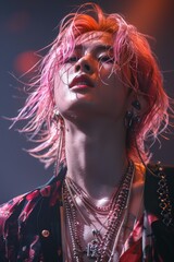 Fototapeta premium A captivating close-up portrait of a performer with vibrant pink hair, adorned with multiple layered necklaces and earrings, captured under dramatic stage lighting