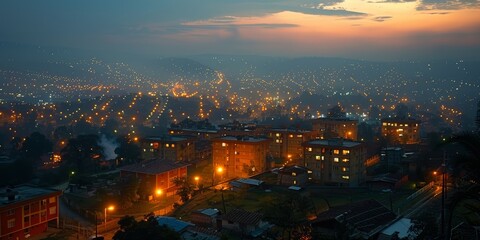 Fototapeta premium A stunning panoramic view of a cityscape at dusk illuminated by thousands of lights, showcasing the urban environment blending seamlessly with the natural skyline