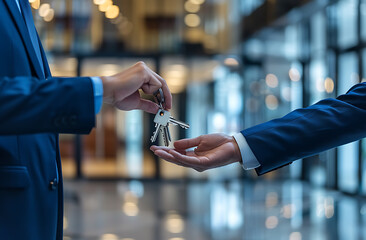 Business man handing over office key another person close up of hand foreground other hand holding out their open palm something placed They both wear blue suit white shirt navy tie background show
