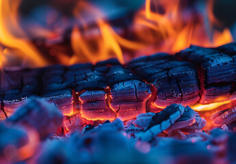 Closeup of flame burning wood capturing dynamic energy warmth high resolution focus fire particle dancing around piece of meat over open campfire night blurred background suggests outdoor camping or