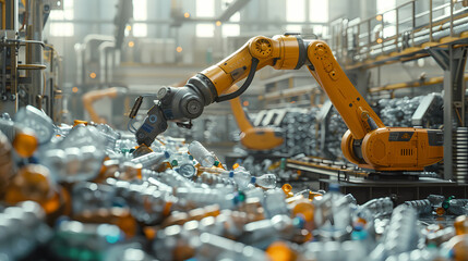 A robot arm is picking up plastic bottles in an industrial factory. with other machines and robots that work in different recycling stages