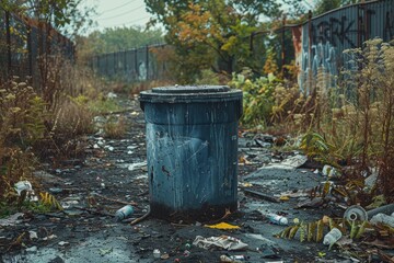 Fototapeta premium A neglected urban alleyway filled with scattered trash and a blue garbage bin in the center, surrounded by overgrown vegetation and graffiti-covered walls, showcasing urban decay