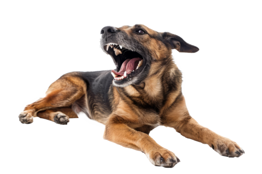 Close-up of an aggressive dog barking with its teeth bared, isolated on white background