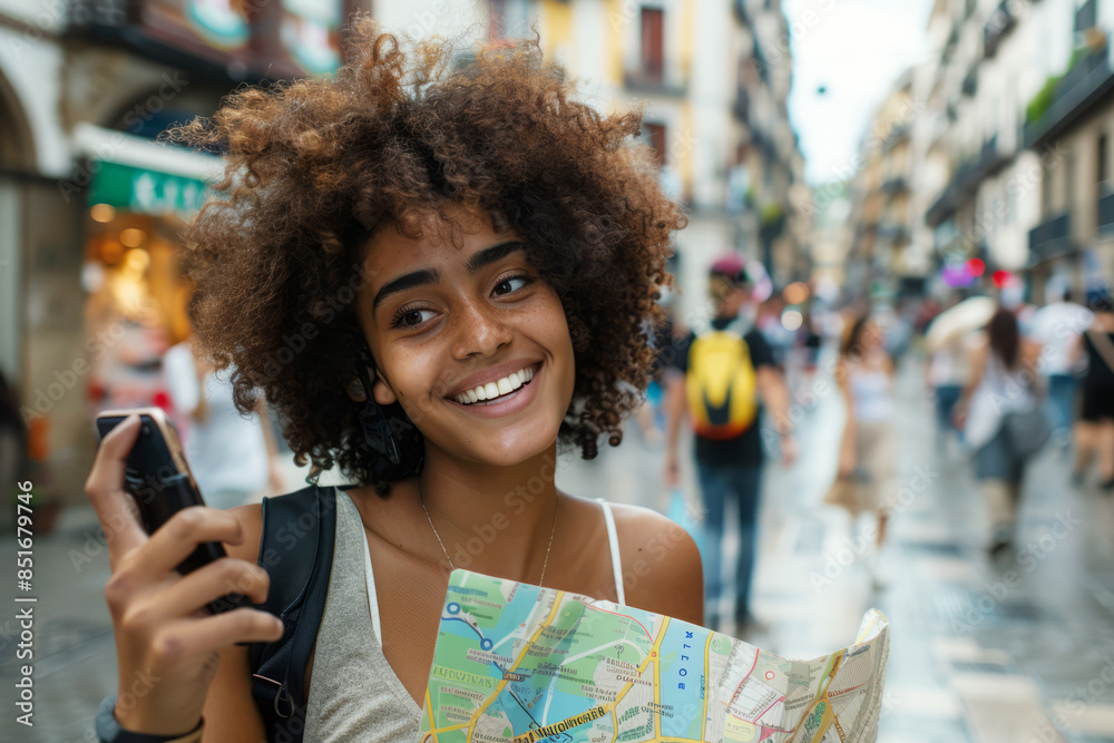 Wall mural joyful woman with curly hair holding map and talking on phone while exploring city. female traveler 