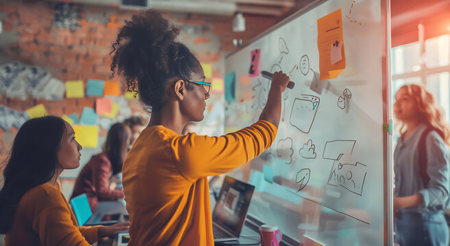 Dynamic creative group of people engaged office setting around table where one person presenting idea wall their team using marker pen room featured bright daylight showcased casual attire diverse age