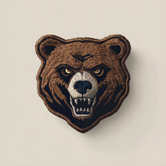 Detailed embroidered patch in the shape of a bear face with an aggressive expression.