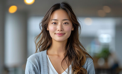 Full body photo of Asian woman long hair wearing gray cardigan white shirt smiling camera standing front of plain background She facing forward hand placed her waist soft lighting highlight her face