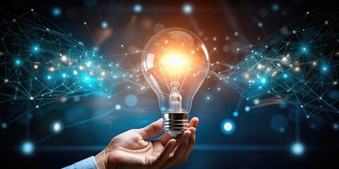 hand holding a glowing light bulb, against a background of interconnected digital nodes. The light bulb symbolizes innovation, creativity and new ideas, while the digital network represents connectivi