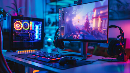An empty gaming setup with a computer screen showing a fantasy video game. The screen is streaming a live eSports tournament. It's set up in a modern room with neon lights and a futuristic vibe.