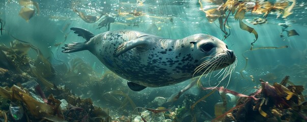 Naklejka premium A spotted seal swims gracefully through underwater kelp forests, illuminated by sunlight filtering through the water surface above.