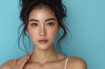 Japanese woman her late twenty touching her face both hand light blue background style of skin care concept wearing white tank top fair flawless skin tone smooth glossy skin texture eye open hair
