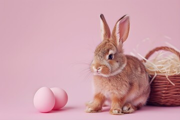 Obraz premium 3D cute bunny in a hole in a wall Easter eggs and forest Pink background 