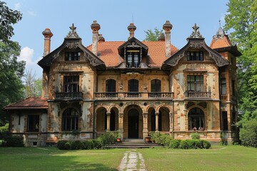 This impressive historical mansion, with intricate architectural details and a beautiful garden, stands as a testament to timeless design and elegance