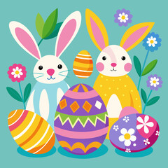 Colorful eggs and bunnies
