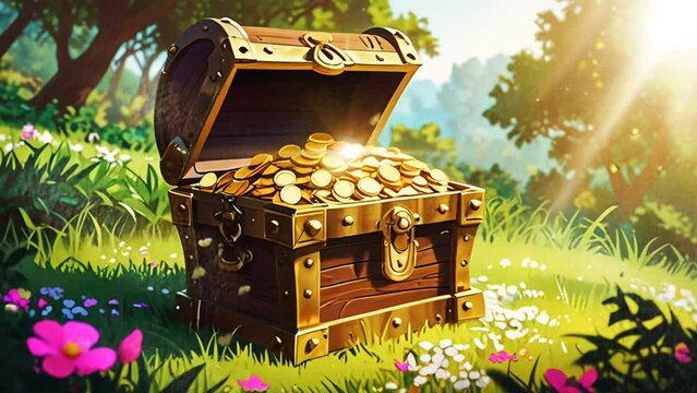 animation of a chest with gold coins. seamless looping time lapse virtual 4k video animation background.