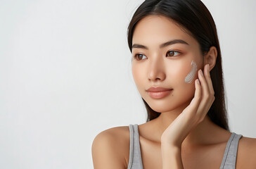 Photo of Asian woman her early mid twenty straight hair wearing light gray tank top She gently touching side of her face if she presenting something or talking about skin care product background