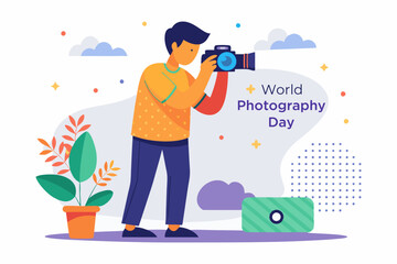  A skilled photographer holding a camera in hand, stands against a dotted white backdrop. World photographer day