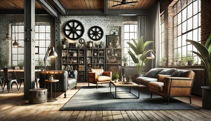 Fototapeta premium Industrial Styled Living Room with Vintage Furniture