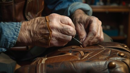 A close-up of an elderly person's hands skillfully stitching leather in a workshop, showcasing craftsmanship and dedication.