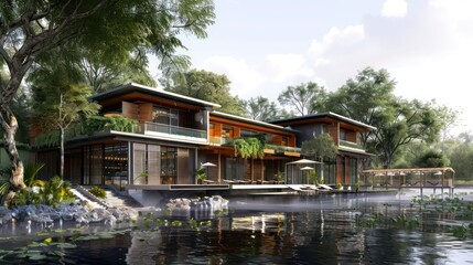 Obraz premium Detailed architectural plans for a luxury riverside hotel with modern amenities and eco-friendly design