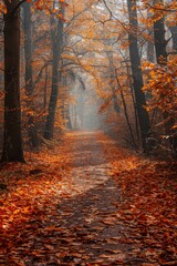 Fototapeta premium A serene pathway through an autumn forest blanketed in colorful fallen leaves, with sunlight filtering through the tree branches, creating a picturesque and tranquil setting