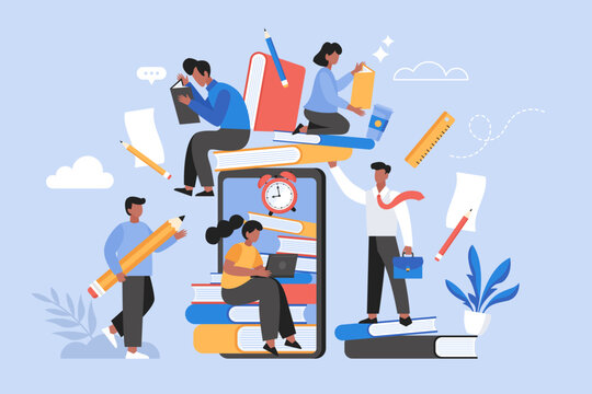 Education, online learning and back to school  concept. Modern vector illustration of students reading books