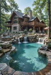 Fototapeta premium Another luxurious log cabin with a multi-tiered pool and stone features, situated in a dense forest.